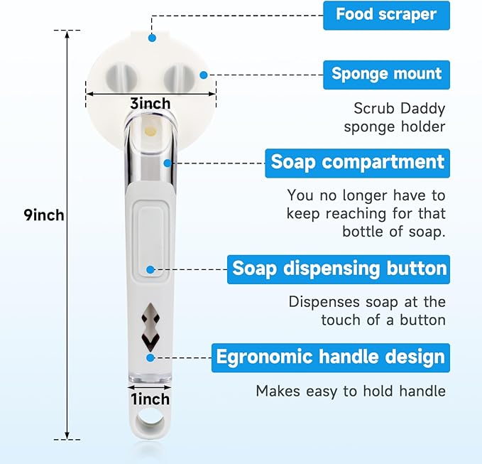 Smile Sponge Dish Wand Holder for Scrub Daddy, Soap Dispensing Handle, Scratch Free Kitchen Handle with Food Scraper