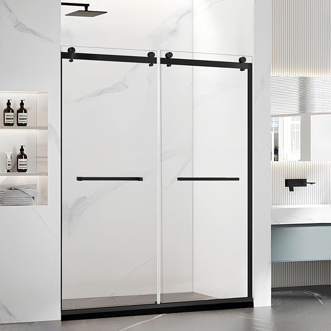 Paris Shower Door,60" W x 74" H Double Sliding Shower Door with 5/16"(8mm) Clear SGCC Tempered Glass,Bathroom Shower Door with 18 inch Pull Handle, Stainless Steel Hardware Matte Black