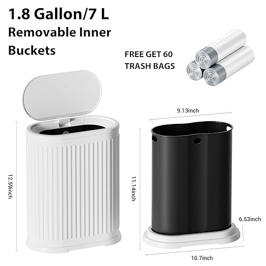 1.8 Gallon Bathroom Trash Can with Lid Press-Top, Small White Stainless Steel Garbage Can with Removable Inner Bucket, Slim Fit Narrow Spaces for Bedroom Office