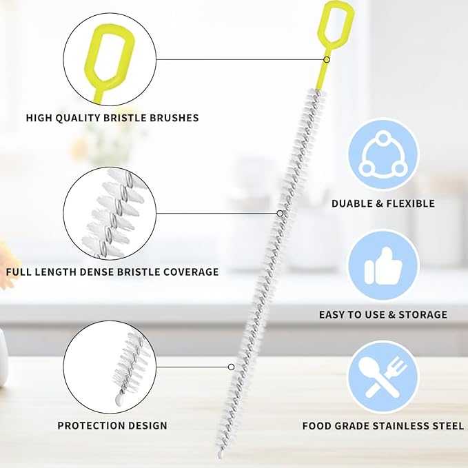 Extra Long 10 Inch Straw Cleaner Brush, Heavy Duty Thin Bristle Straw Brushes for Cleaning, Reusable Metal Straw Cleaner Brush Set for Stanley Cup, Glass Pipe & Drinking Straws (5-Pack)