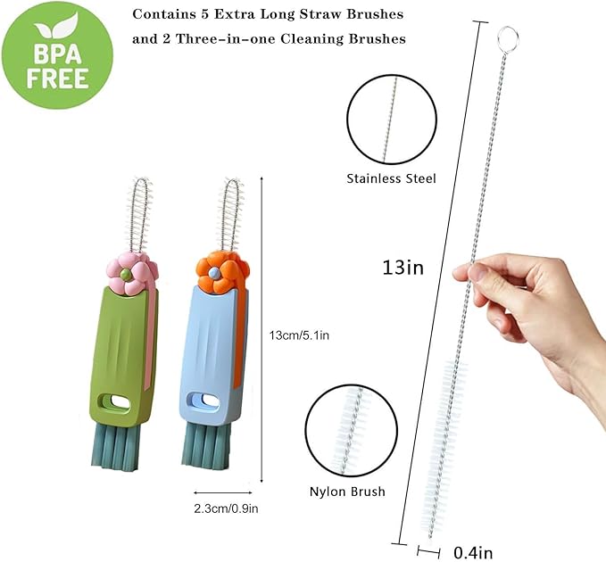 Straw Cleaner Brush Extra Long 13 inch Set for Stanley Owala Water Bottle 40 oz 32 oz 30 oz Tumble Cup Accessories Straw Brush with 3 in 1 Cup Lid Cleaning Brush (Green,Blue)