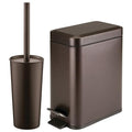 mDesign Metal Freestanding Slim Toilet Bowl Brush and Holder + Rectangle Narrow 5 Liter / 1.3 Gallon Step Pedal Trash Can Wastebasket for Bathroom - Small, Compact Design - Set of 2 - Bronze