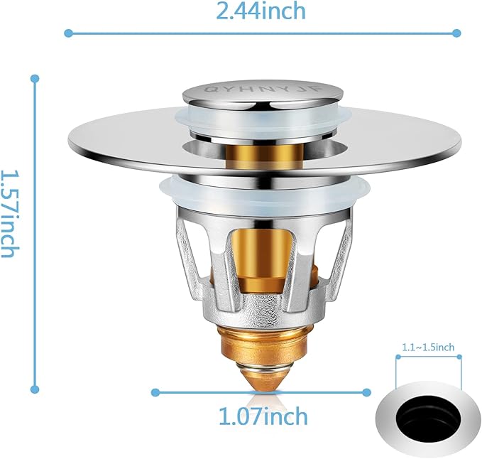 Bathroom Sink Stopper with Hair Catcher – Universal Pop-Up Drain Strainer for 1.1–1.5 inch US Standard Sink Drain Holes, Includes 3 Sets of Silicone Gaskets