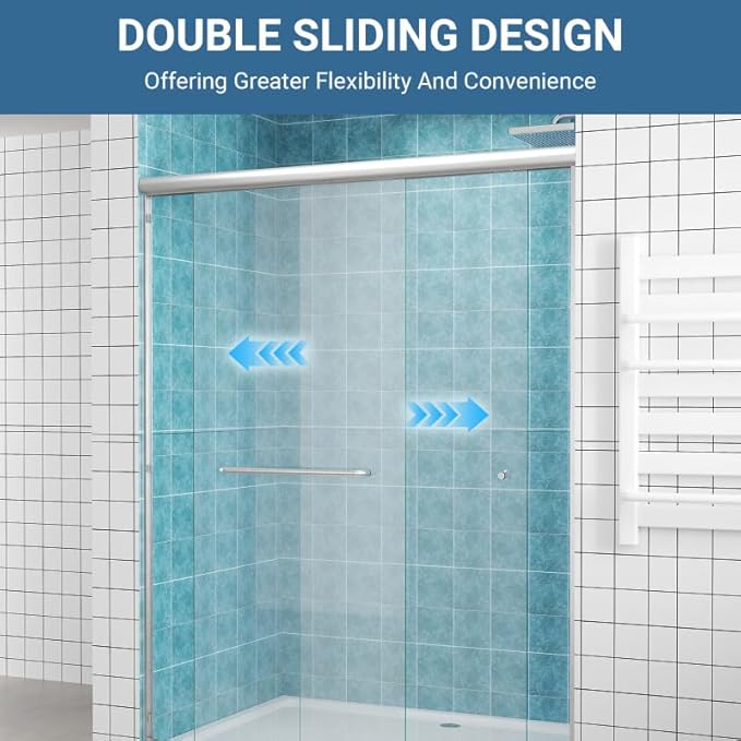 Glass Sliding Shower Door 56-60" W x 72" H, Semi Frameless Double Sliding Bathroom Shower Door, 1/4"(6mm) Clear Tempered Glass, Nano Easy Cleaning Coated, ANSI Cerified, Brushed Nickel