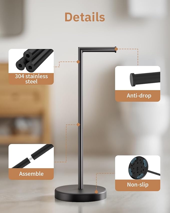 BWE Bathroom Toilet Paper Holder Stand Matte Black SUS304 Stainless Steel RV Modern Freestanding Toilet Paper Roll Holder for Bathroom and Washroom with Heavy Weighted Base