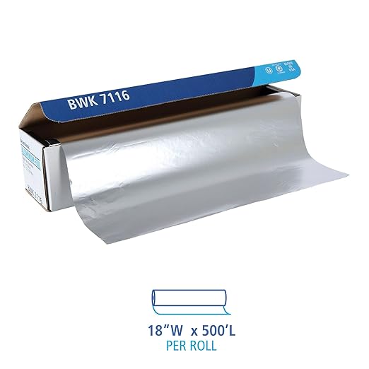 Boardwalk 7114 Premium Quality Aluminum Foil Roll, 18" x 500 ft, 16 Micron Thickness, Silver
