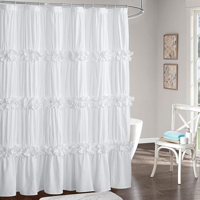 Victorian Ruffle Shower Curtain, Ruched Microfiber Vintage Handcrafted Bow Tie Bath Curtain for Master Bathroom, with 12 Buttonholes, 72" W x 72" H, White (LQ-10)