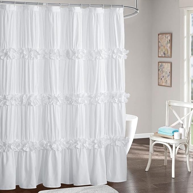 White Ruffle Shower Curtain, 72x78 Long Bathroom Curtain with 12 Buttonholes, Vintage Handcrafted Bow Tie Bath Curtain for Master Bathroom (LQ-10)