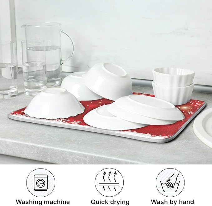 Christmas White Snowflake On Red Background Dish Drying Mat 18x24inch Dish Drainer Kitchen Counter Mats Bottles Dish Dry Pad Protector for Kitchen Countertops