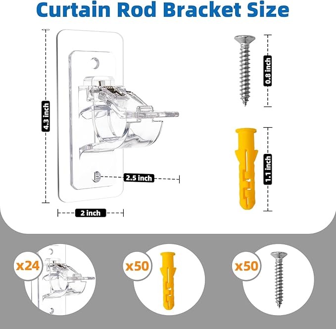 24-Pack No Drill Needed Curtain Rod Holders Brackets, Self Adhesive Rod Holder Hooks, Multipurpose Nail Free Stick on Curtain Rod Hooks, Curtain Hangers for Dorm, Bathroom, Bedroom, Livingroom Decor