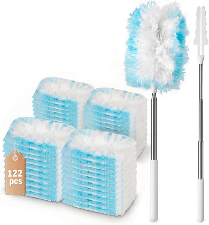 122 Count Heavy Duty Duster Refills with 2 Pack Extendable Handle, Disposable Duster Refills for Ceiling Fans, Blinds & Sofa, Compatible with Most Handles