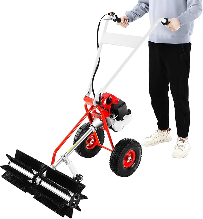 43CC Gas Powered Walk-Behind Outdoor Hand Push Sweeper,1.7HP 2-Stroke Handheld Sweeper Snow Sweeping Broom, Broom Walk Behind Driveway Turf Lawns Cleaning Driveway Tools for Lawn Leaf