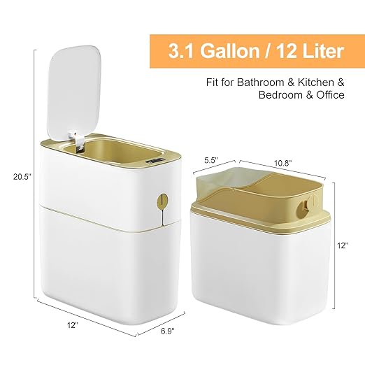 MOPALL Touchless Bathroom Trash Can with Lid, 3 Gallon / 12L Slim Motion Sensor Garbage Bin, Automatic Waste Basket for Bedroom, Office & Narrow Spaces, White & Gold