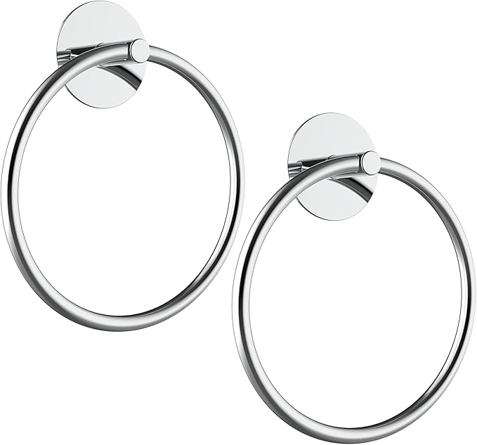 SetSail Adhesive Towel Holder for Bathroom Wall Stainless Steel Hand Towel Ring Towel Hanger for Bathroom 2 Packs, Mirror Silver
