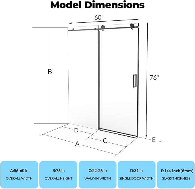 56-60" W x 76" H Frameless Sliding Shower Door - 1/4" (6mm) Clear Tempered Glass, Waterproof, Matte Black Bathroom Door with Easy Installation