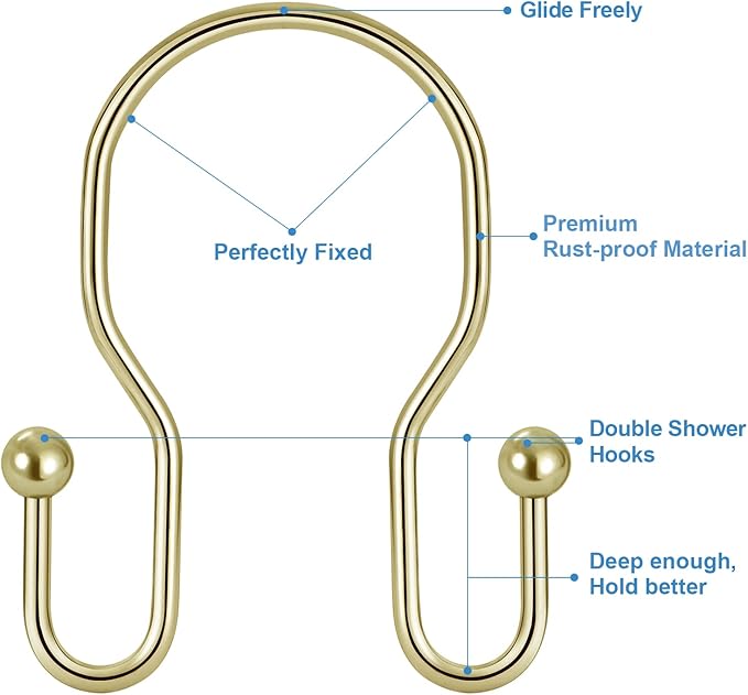 24 Pack Double Shower Curtain Hooks Rings, TENOVEL Double Sided Shower Curtain Hooks Rust Proof for Shower Curtain, Stainless Steel Bathroom Shower Hangers Rings for Shower Rods, Gold