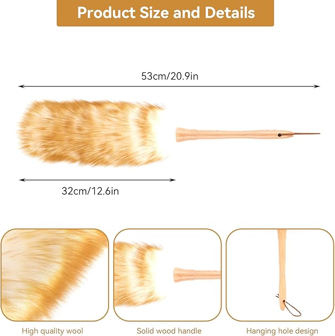Lambswool Duster, 20.9in Lambs Wool Duster with Solid Wooden Handle Anti Static Lambswool Feather Brush for Cleaning Ceiling Fans, Window Blinds and Bookshelves