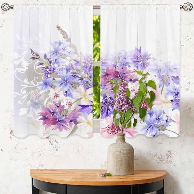 Lavender Kitchen Curtains Pastel Cornflowers Colorful Floral Short Tier Curtains for Bathroom Cafe Small Window Drapes Treatment 2 Panels (27.5x39 Inch)