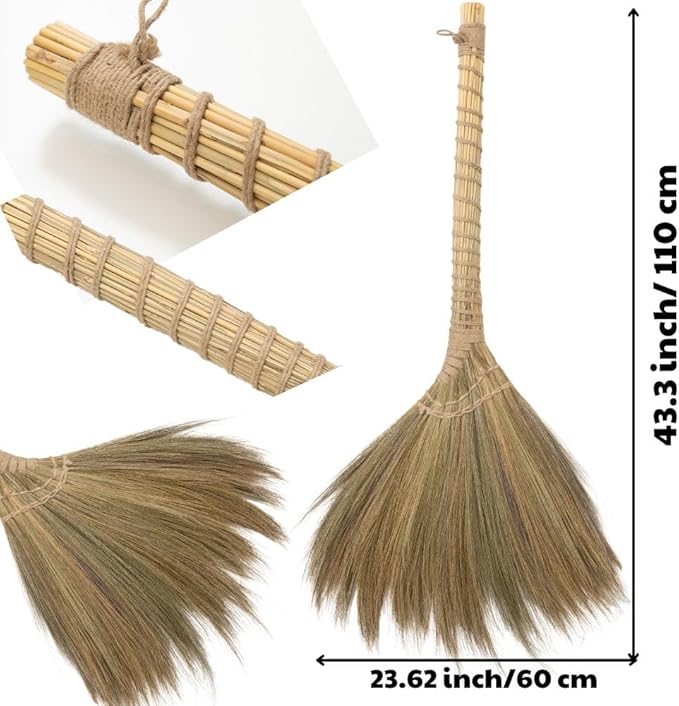Outdoor Broom for Floor Cleaning, 43.3'' Length Heavy-Duty Natural Grass Broom for Sweeping Concrete Courtyard Garage Patio Indoor Home Kitchen Office Lobby