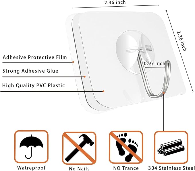 Heavy Duty Adhesive Hooks 20-Pack: Holds 22lb, Strong Reusable & Waterproof Wall Hooks for Kitchen, Bathroom, Office - No Drilling, No Residue