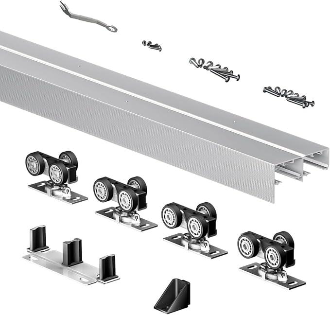 Heavy Duty Bypass Sliding Closet Door Track Hardware 96", 8 FT Aluminium Pocket Track Rail Set, Smoothly and Quietly, for 2 Door System,Silver