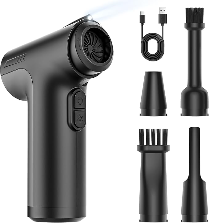 Compressed Air Duster, 130000RPM 3-Gear Adjustable Electric Air Duster, Rechargeable Cordless & LED Light Super Power Air Blower with 4 Nozzles for PC, Keyboard, Car, Crevice, Air Mattresses