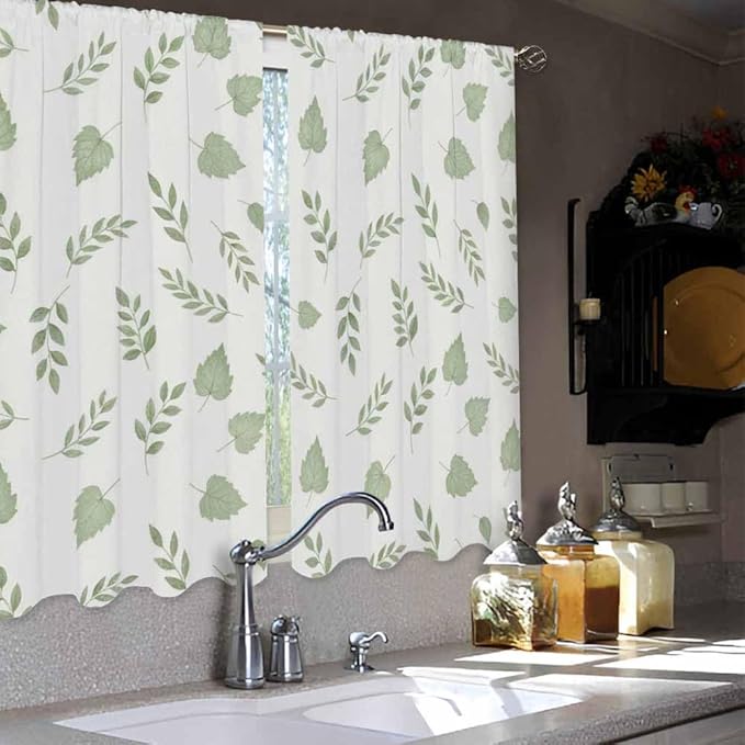 Green Botanical Kitchen Curtains Watercolor Green Leaves and Branches Nature Short Tier Curtains for Bathroom Cafe Small Window Drapes Treatment 2 Panels (27.5x39 Inch)