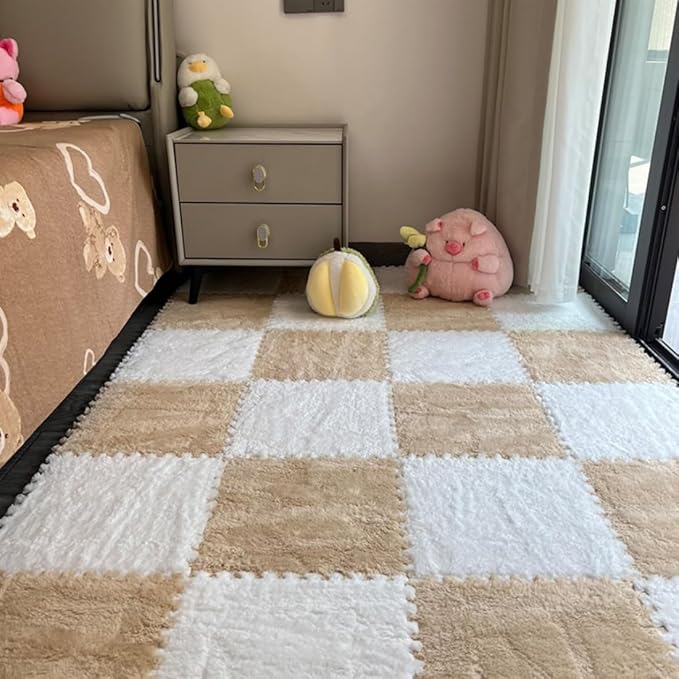 12Pcs Interlocking Carpet Tiles,12"x 12" Plush Interlocking Foam Carpet Tiles with Border,Fluffy Play Mat Floor Tiles Thick Padded Squares Foam Tiles for Playroom Decor (White+Khaki)