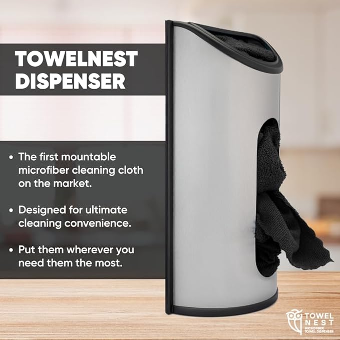 TowelNest Microfiber Cloth Dispenser | 15 Reusable Cloths (Black) | Eco-Friendly Paper Towel Alternative | Absorbent & Washable | Wall/Cabinet Mount (3M Adhesive & Screws Included)