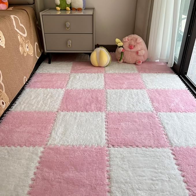 12Pcs Interlocking Carpet Tiles,12"x 12" Plush Interlocking Foam Carpet Tiles with Border,Fluffy Play Mat Floor Tiles Thick Padded Squares Foam Tiles for Playroom Decor (White+Pink)
