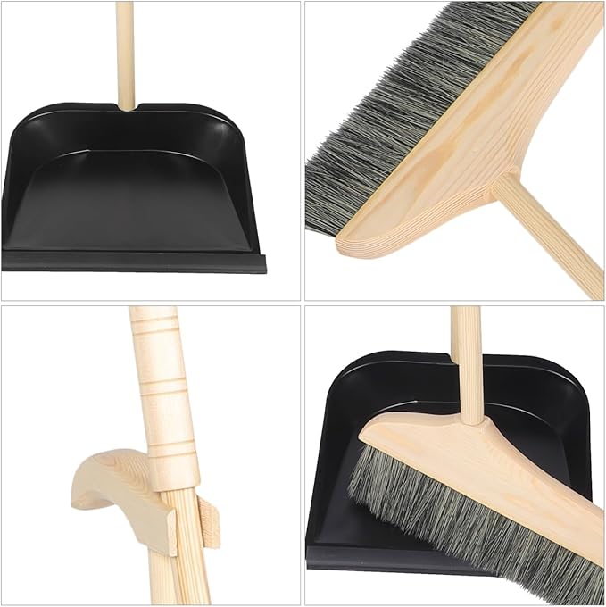 GANAZONO Broom and Dustpan Set Long Handle Household Cleaning Tools Indoor Outdoor Use Ergonomic Lightweight Wooden Brush for Home Garage Workshop