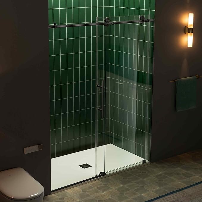 Woodbridge 56-60" W x 80" H Frameless Single Sliding Shower Door with Tempered Glass & Explosion Proof Film in Matte Black Finish