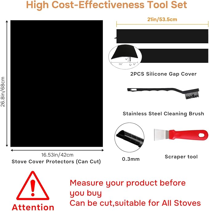 Guards for Gas Stove Top Protector Covers 0.3mm Cuttable,Heat Resistance Burner Covers Stove Mat Protector with 2 Stove Gap Fillers&Cleaning Brushes&Scraper Reusable Durable Washable