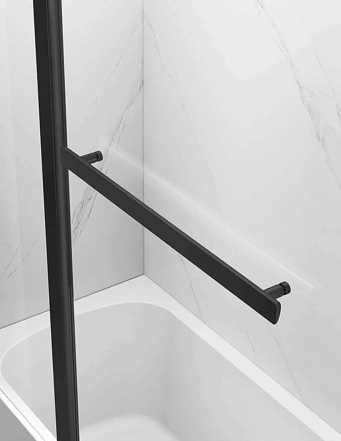 Sunrosa Pivot Tub Shower Door 43-3/8"×58", Bifold Bathtub Shower Door with Tempered Glass, Frameless Glass Shower Door with Towel Bar, Shower Door for Bathtub in Matte Black