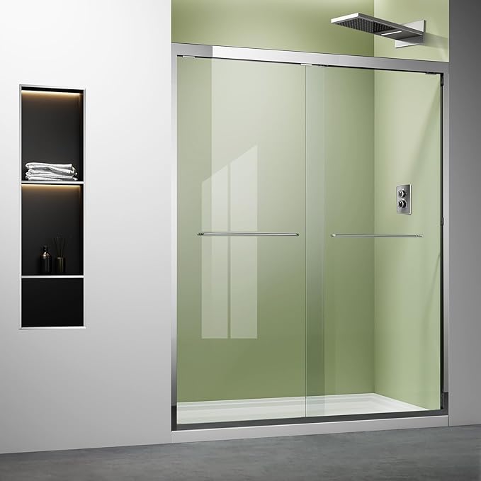 Chrome 44"-48" W x 72" H Semi-Frameless Glass Shower Door,Bathroom Sliding Door with 1/4'' Clear Tempered Glass,Plating Silver Stainless Steel Hardware Double Handles Bypass Doors