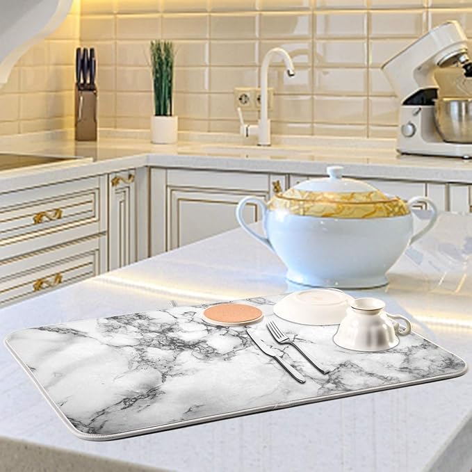 Black Grey Marble Dish Drying Mat 16x18 for Kitchen White Marble Print Dishes Pad Dish Drainer Rack Mats Absorbent Fast Dry Kitchen Accessories