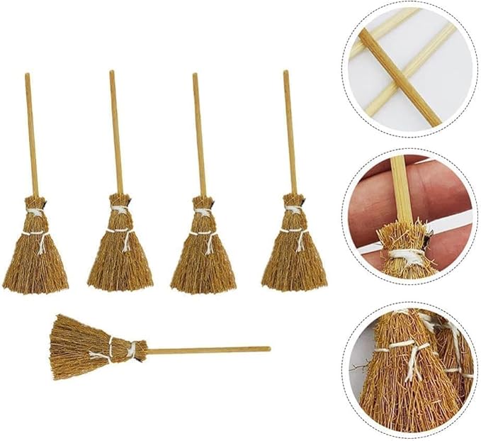 5Pcs Mini Brooms, Witch Straw Brooms, Doll House Dollhouse Accessories Props Miniature Artificial, Mini Furniture Halloween Decoration Accessory for Costume Cosplay Party, Decorations