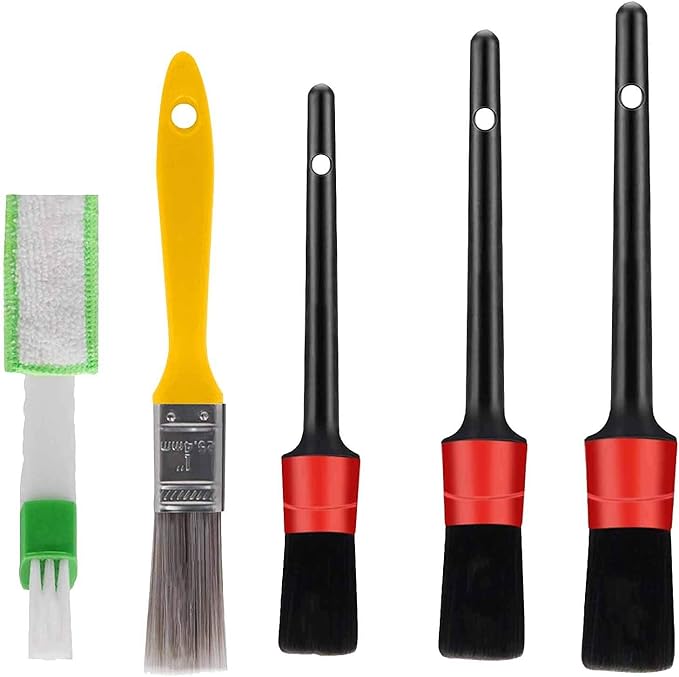 5pcs Auto Car Detailing Brush Set Car Interior Cleaning Kit Includes 3 Hair Detail Brush, 1 Brush for Cleaning Car Interior Exterior, Engines Leather Wheel (Multicolor, One Size)