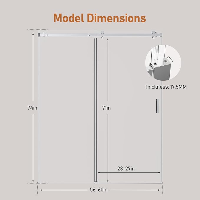 56-60 Inch Frameless Sliding Shower Door, 74" Height, 5/16" (8mm) Clear Tempered Glass, Smooth Gliding Track & Anti-Jumping System, Stainless Steel Chrome Finish