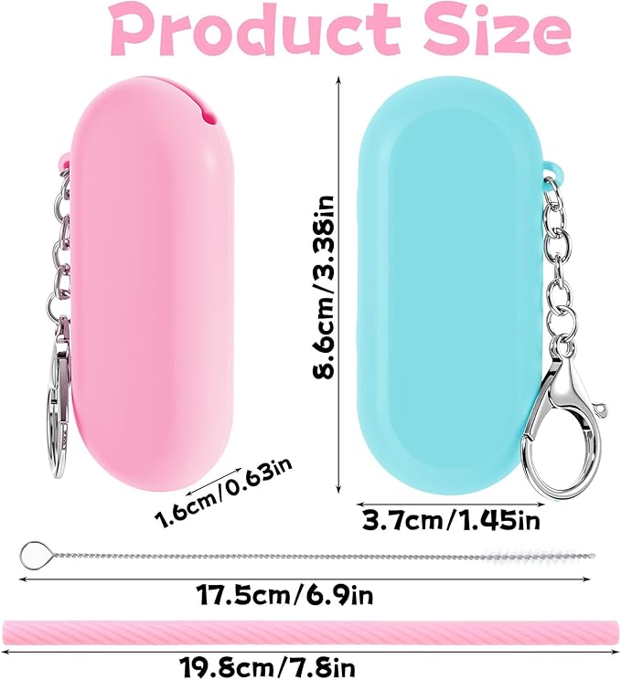 2 Set Travel Straws Reusable with Case, Portable Straw for Hot & Cold Drinks, Foldable Silicone Straws with Cleaning Brush & Keychain (Pink, Blue)