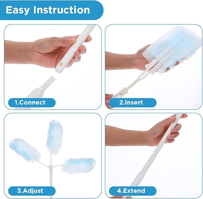 60 Count Duster Refills, Disposable Cleaning Duster Kit Heavy Duty Microfibre Dusters with Extendable Handle Starter Multi-Surface Dusters for Cleaning Home Furniture Blinds Ceiling Fan