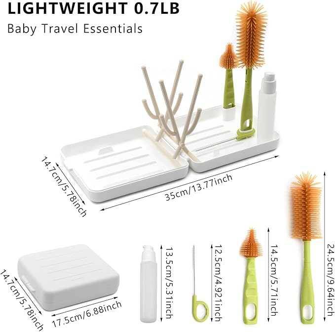 Portable Baby Bottle Brush Kit Premium Silicone Bottle Cleaner Brush, Nipple Brush, Straw Brush, Soap Dispenser, Bottle Drying Rack, and a Storage Organizer Case for Both Home and Travel Uses (White)
