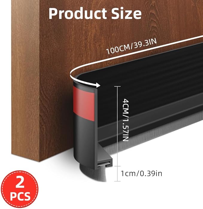 Ainiv 2 Pack Under Door Draft Stoppers with Brush, 2" W x 39" L Cutable Soundproof Door Seal, Adhesive Under Door Sweep for Exterior & Interior Doors Noise Weather Hot or Cold Air Insulation-Black