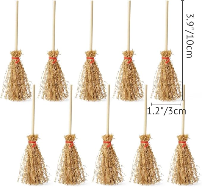 Odoria Dollhouse Straw Broom Miniature - 1/12 Scale Broomstick for Fairy Garden - Mini Witch Broom Decorative Craft - Tiny Besom Rustic for Halloween Thanksgiving Festival 10Pcs