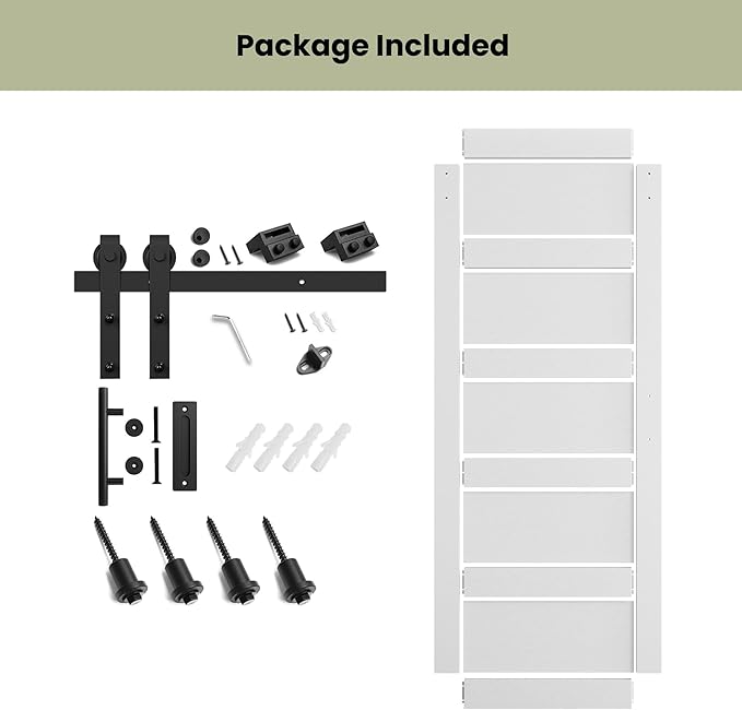 SmartStandard 30in x 84in Sliding Barn Door with 5FT Barn Door Hardware Track Kit & Handle, Waterproof PVC Surface, Pre-Drilled Holes Easy to Assemble, Solid, MDF, White, 5-Panel