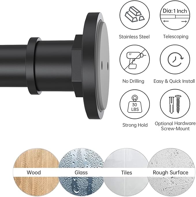 BRIOFOX Industrial Shower Curtain Rod - 2-in-1 Design Tension Curtain Rod - Rustproof Non-Slip 54 to 90 Inch Stainless Steel, Matte Black Window Curtain Rod