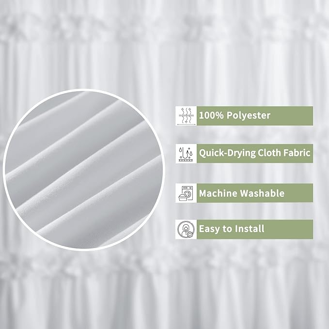 Victorian Ruffle Shower Curtain, Vintage Handcrafted Bow Tie Bath Curtain for Master Bathroom, Ruched Microfiber Bathroom Curtain with 12 Buttonholes, 72" W x 84" H, White (LQ-10)