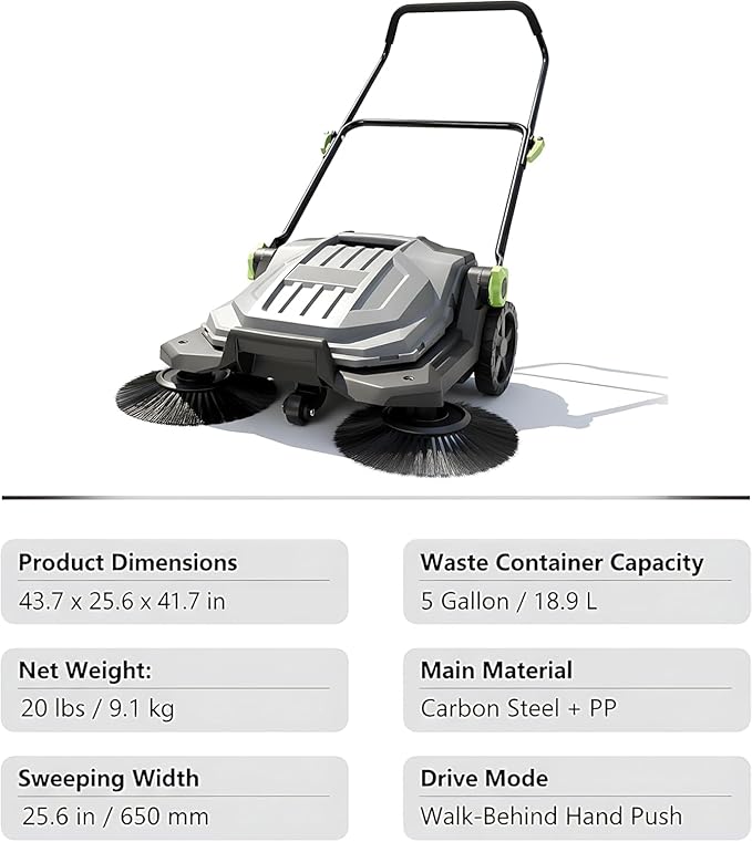Manual Walk-Behind Floor Sweeper - 25.6" Wide Sweeping Path, 5-Gallon Waste Container, Adjustable Foldable Handle for Yard/Garage/Patio