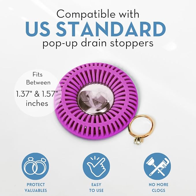 Bathroom Sink Hair Catcher for Pop-Up Drain – SinkRing 1.57" Precision Strainer for Bathroom Sink Drains | Clog-Free Hair Trap for Contacts, Earrings, Jewelry | No Suction or Screws – Purple