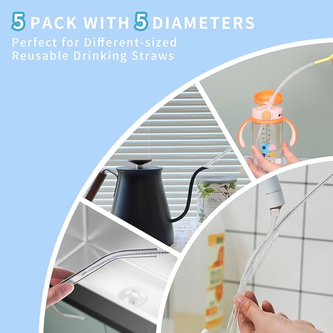 Extra Long 10 Inch Straw Cleaner Brush, Heavy Duty Thin Bristle Straw Brushes for Cleaning, Reusable Metal Straw Cleaner Brush Set for Stanley Cup, Glass Pipe & Drinking Straws (5-Pack)